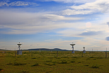 Canvas Print - Radio telescope observatory and the blue sky white clouds