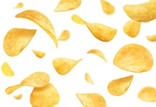 Flying And Falling Crispy Wavy Potato Chips. Vector Background With Realistic Ripple Chips Pieces, 3d Crunchy Snack. Delicious Food, Crisp Meal Promotion With Yellow Potato Slices Motion
