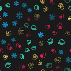 Poster - Set line Snowflake, Cloud with rain and lightning, and snow on seamless pattern. Vector