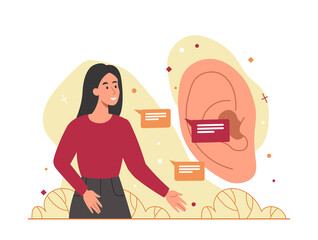 Listening skill concept. Young girl next to big ear, medical posters and banners, reminder of care and regular checkups. Communication and discussion metaphor. Cartoon flat vector illustration