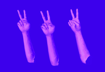 Aufkleber - Set of 3D low-poly hand models made of polygonal wireframe. Collection of futuristic style illustrations.