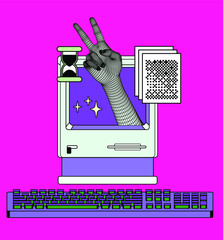 Old-fashioned personal computer in retro 80s style in neon acid colors.
