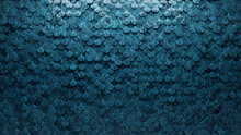 3D Tiles Arranged To Create A Glazed Wall. Textured, Fish Scale Background Formed From Blue Patina Blocks. 3D Render