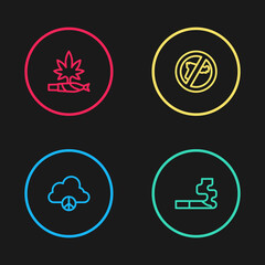 Sticker - Set line Peace cloud, Cigarette, No war and Marijuana joint, spliff icon. Vector