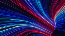 Wavy Neon Lights Tunnel With Blue, Red And Purple Streaks. 3D Render.