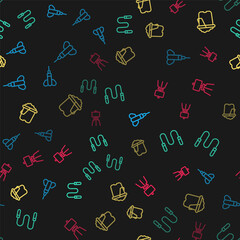 Sticker - Set line Dart arrow, Jump rope, Sand in bucket and Wood easel on seamless pattern. Vector