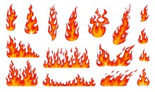 Cartoon Fire Flames, Bonfire Fire And Burning Fireballs, Vector Icons Set. Red Hot Flames Of Campfire, Wildfire Firewall Or Burning Torch Heat, Flammable Symbols And Burning Effects Of Hell Blaze
