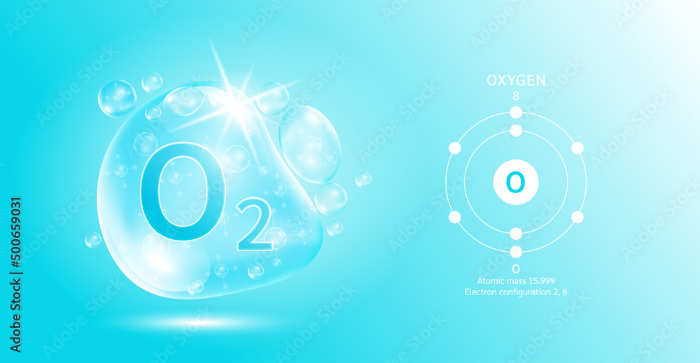 O2 Structure Biochem Drop water oxygen O2 molecule bubbles blue and chemical formulas ...