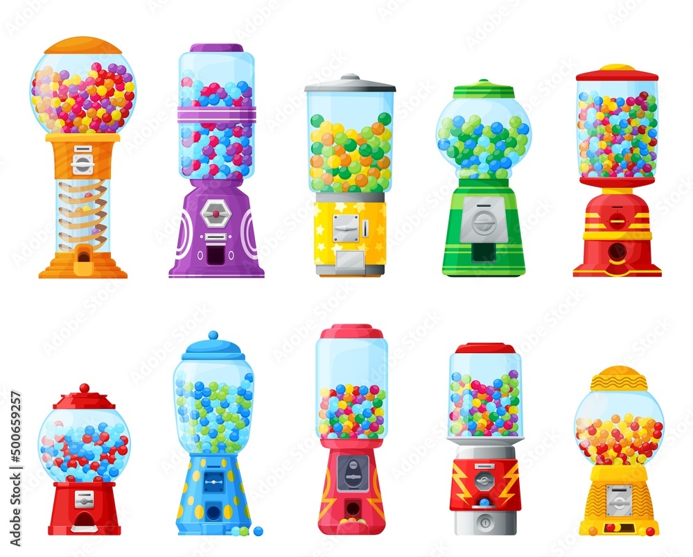 Gumball machine, candy bubble gum or bubblegum balls vending machine,  cartoon vector. Gumball machine with coin slot and chewing gums of kids  sweets in gashapon glass capsule dispenser Stock Vector | Adobe, image size:1000x803