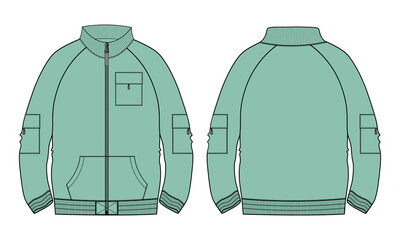 Long sleeve jacket with pocket and zipper technical fashion flat sketch vector illustration Green Color template front and back views. Fleece jersey sweatshirt jacket for men's and boys.