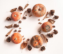 Pumpkins, Pine Cones, Dry Leaves And Acorns In A Circle Frame Top View On White