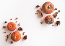 Pumpkins, Pine Cones, Dry Leaves And Acorns In Top View On White Background