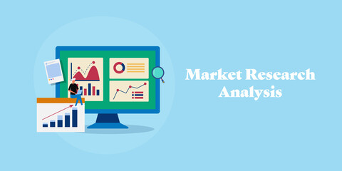 Wall Mural - businessman with laptop, market research analytics dashboard, conceptual web banner illustration tem