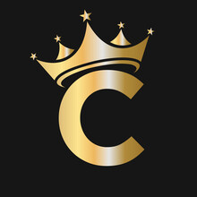 Letter C Crown Logo. Crown Logo On Letter C Vector Template For Beauty, Fashion, Star, Elegant, Luxury Sign