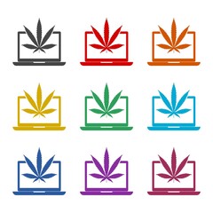 Sticker - Laptop and medical marijuana or cannabis leaf icon isolated on white background