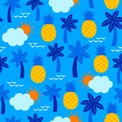 Wall Mural - Cute palm tree, pineapple, cloud and sun seamless pattern for summer holidays background.