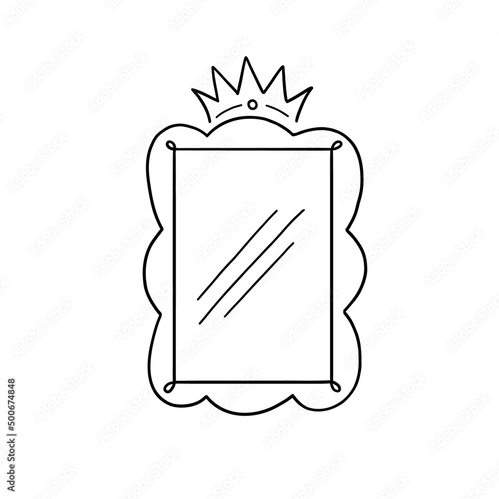 Princess crown mirror frame. Hand drawn doodle mirror with crown for ...
