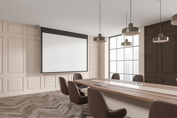 Wall Mural - Light office room with table and seats, window, mockup projector screen