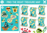 Fototapeta Pokój dzieciecy - Find the right treasure map. Treasure island matching activity for children. Sea adventures educational quiz worksheet for kids for attention skills. Simple printable game with cute plans.