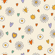 Seamless groovy pattern with vintage daisy, camomile, heart elements. Cartoon floral background. Cute texture for surface design, wallpaper, wrapping paper, textile