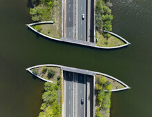 Aquaduct Veluwemeer Water Bridge Above Highway Traffic, Aerial View.