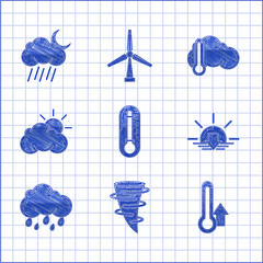 Sticker - Set Thermometer, Tornado, Sunset, Cloud with rain, and cloud weather, and moon icon. Vector