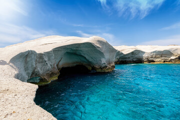 Wall Mural - view to the lunar rock formations of the famous sarakiniko beach on the cycladic island of milos, gr