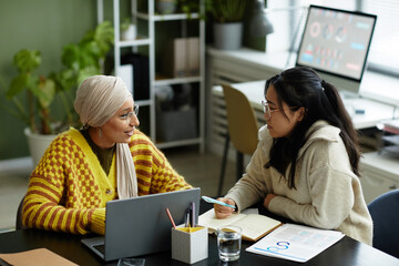 Portrait of two creative young women collaborating in business meeting while enjoying work in office