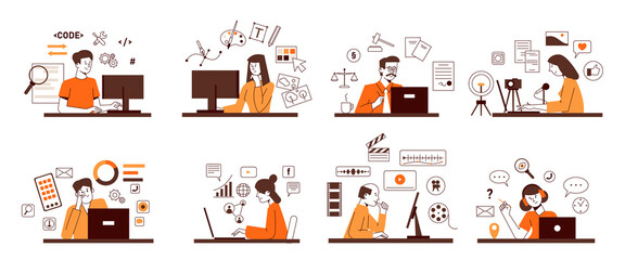 A set of concepts for freelancers and people working remotely.Vector concepts of different remote professions.
