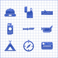 Sticker - Set Camping knife, Compass, Credit card, Cinema camera, Tourist tent, Passport with ticket, Wooden log and Beanie hat icon. Vector