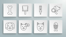 Set Line Dog, Dustpan, Veterinary Clinic Symbol, Cat, Fish Skeleton, Medical Digital Thermometer, And Bone Icon. Vector