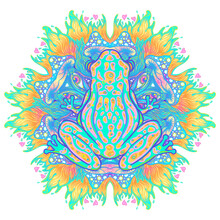 Green Frog In Acid Colors. Hippie Style. Totem Animal. Vector Illustration For Sticker, Poster, Banner, Web, T-shirt Print, Pin, Bag Print, Badge. Isolated Artwork.