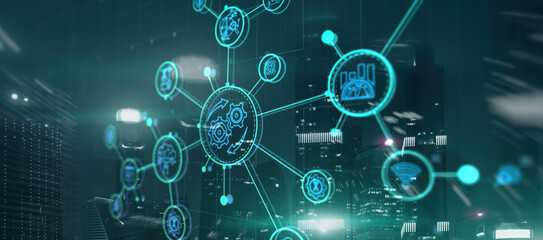 RPA. Robotic Process Automation on modern city abstract background