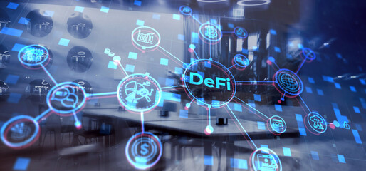 DeFi Decentralized Finance. Technology blockchain cryptocurrency concept