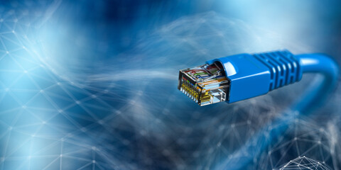 Leinwandbilder - Internet LAN network connection ethernet cable. Internet cord RJ45 on blue abstract background. 3d