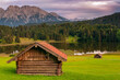 Old wooden hut Wagenbrüchsee Alps Bavaria Germany