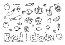 Doodle Food Icons With Lettering In Vector.