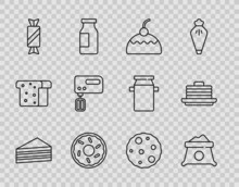 Set Line Cake, Bag Of Flour, Donut, Candy, Electric Mixer, Cookie Or Biscuit And Stack Pancakes Icon. Vector