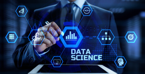 Wall Mural - data science analytics concept. businessman pressing button on screen.