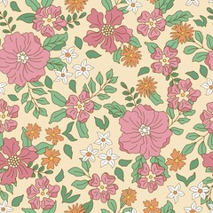 Wall Mural - Seamless pattern with spring flowers, cherry blossom, narcissus and other flowers. Vector illustration.