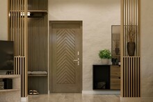 Wooden Hallway Design With Enter Door And Modern Furniture. 3D Illustration