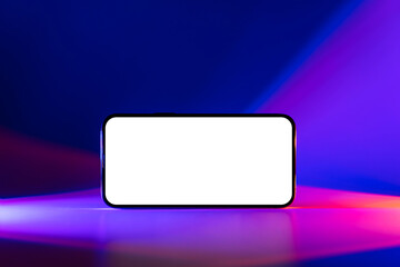 Wall Mural - mockup smartphone on abstract background in neon gradient. vivid blue, pink and purple colors. mobil