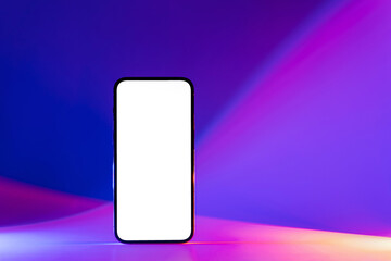 Mockup Smartphone on abstract background in neon gradient. Vivid blue, pink and purple colors. Mobile phone ith blank white screen for presentation or application design show.