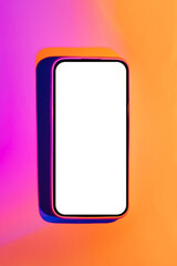 Wall Mural - mockup smartphone on abstract background in neon gradient. vivid pink and orange colors. mobile phon