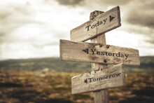 Today Yesterday Tomorrow Text Quote Written In Wooden Signpost Outdoors In Nature. Moody Theme Feeling.
