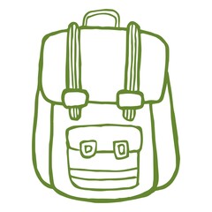 Wall Mural - Hand-drawn vector sketch of travel backpack. Green monochrome outline doodle icon isolated on transparent background