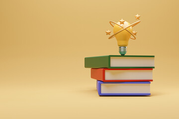 Wall Mural - Yellow lightbulb with stacking of books for learning make human smart and creative thinking idea concept by 3d render illustration.