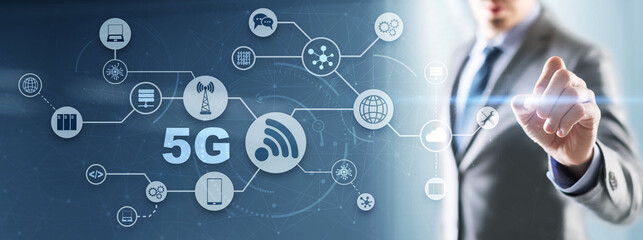 Wall Mural - 5g network wireless internet concept. man touching 3d icon 5g