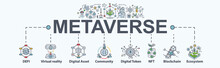 Metaverse Banner Web Icon For Futuristic, Ecosystem, Digital Token, Digital Asset, Play To Earn, Blockchain, NFT, Virtual Reality And Simulation. Minimal Icon Vector