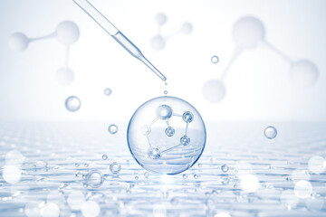 Wall Mural - dropper and molecule inside liquid bubble, 3d illustration.